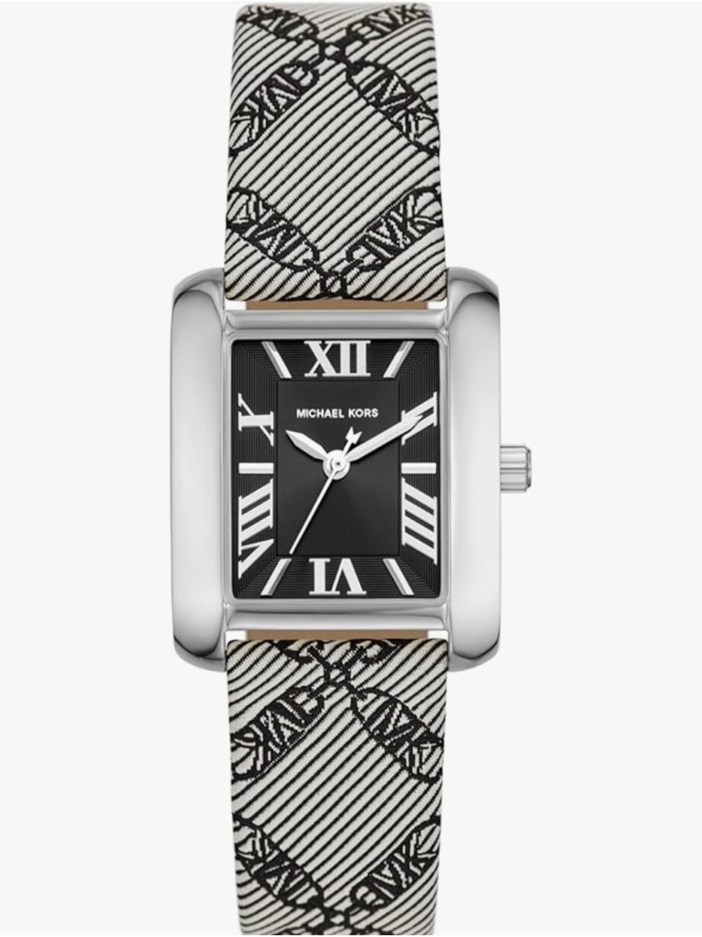 Michael Kors Black Dial Silver Case Logo-Pattern / Black Empire Jacquard Strap